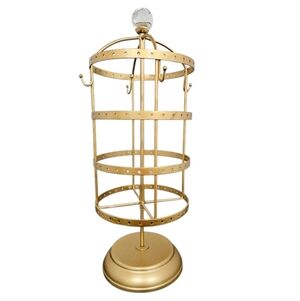 Earring carousel jewelry holder 4-tier hooks gold color round EUC